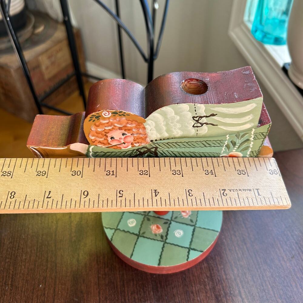 Vintage hand carved wood wooden folk art hand painted angel candle holder - Picture 14 of 15